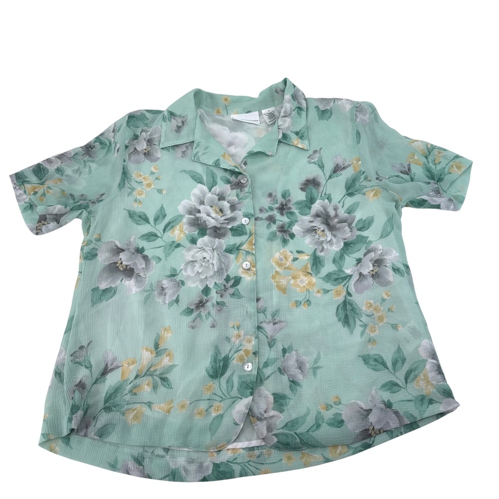 Alfred Dunner Womens 12 Green Floral Chiffon Short Sleeve Button Down Shirt t